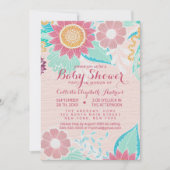 ピンクのティール（緑がかった色）離れの花絵を描油ベビーシャワー 招待状 (正面)