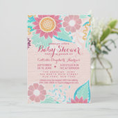 ピンクのティール（緑がかった色）離れの花絵を描油ベビーシャワー 招待状 (スタンド正面)