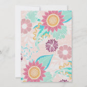 ピンクのティール（緑がかった色）離れの花絵を描油ベビーシャワー 招待状 (裏面)