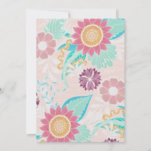 ピンクのティール（緑がかった色）離れの花絵を描油ベビーシャワー 招待状 (裏面)