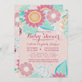 ピンクのティール（緑がかった色）離れの花絵を描油ベビーシャワー 招待状 (正面/裏面)