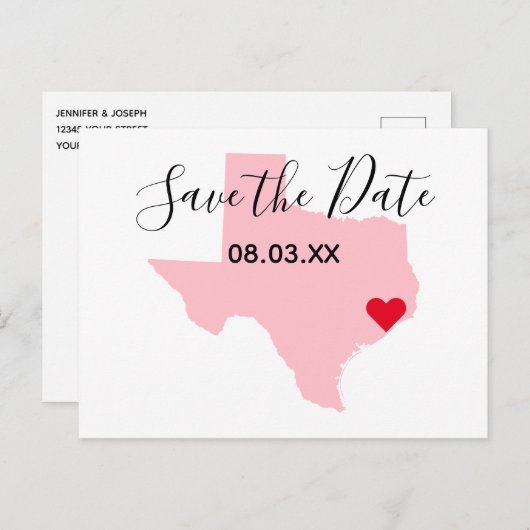 ピンクのテキサス州赤いハート日付を保存 案内ポストカード (正面/裏面)