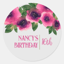 ピンクのテキスト 水彩 ピンクのバラ 16歳の誕生日 ラウンドシール