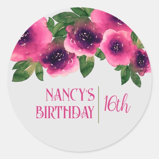 ピンクのテキスト 水彩 ピンクのバラ 16歳の誕生日 ラウンドシール (正面)