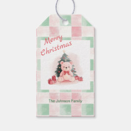 ピンクのテディベアかわいいクリスマス ギフトタグ