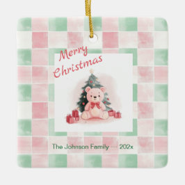 ピンクのテディベアかわいいクリスマス セラミックオーナメント