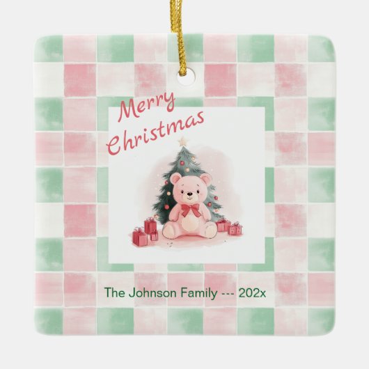 ピンクのテディベアかわいいクリスマス セラミックオーナメント (正面)