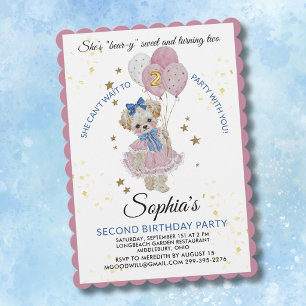 ピンクのテディベアが可愛い2歳の誕生日の女の子 招待状