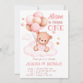 ピンクのテディベアと風船と雲 招待状 (正面)