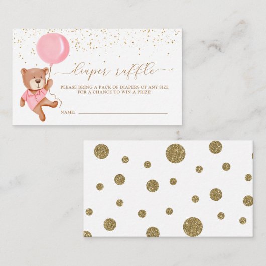 ピンクのテディベアと風船のおむつくじチケット エンクロージャーカード (正面/裏面)
