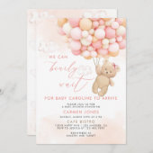 ピンクのテディベアと風船のベビーシャワー招待状 招待状 (正面/裏面)