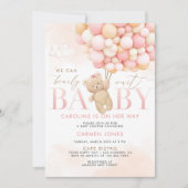 ピンクのテディベアと風船のベビーシャワー招待状 招待状 (正面)