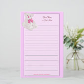 ピンクのテディベアによって並べられる文房具 便箋 (スタンド正面)