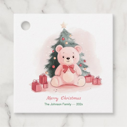 ピンクのテディベアのクリスマス フェイバータグ (正面)