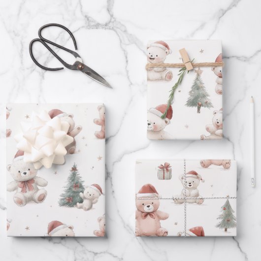 ピンクのテディベアのクリスマス ラッピングペーパーシート (正面)