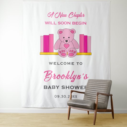 ピンクのテディベアのストーリーブックベビーシャワー背景 タペストリー (インサイチュ)