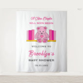 ピンクのテディベアのストーリーブックベビーシャワー背景 タペストリー (正面)