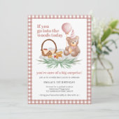 ピンクのテディベアのバルーンピクニック: 1歳の誕生日 招待状 (スタンド正面)