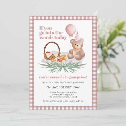ピンクのテディベアのバルーンピクニック： 1歳の誕生日 招待状 (スタンド正面)