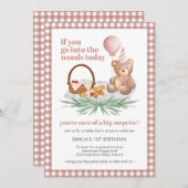 ピンクのテディベアのバルーンピクニック: 1歳の誕生日 招待状 (正面/裏面)