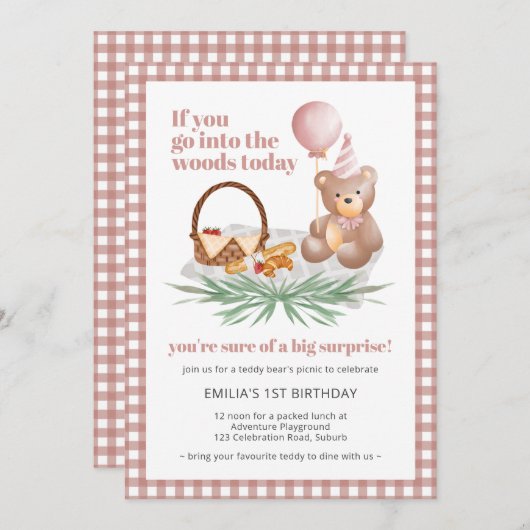 ピンクのテディベアのバルーンピクニック: 1歳の誕生日 招待状 (正面/裏面)