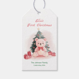 ピンクのテディベアの初めてのクリスマス ギフトタグ