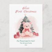 ピンクのテディベアの初めてのクリスマス ポストカード (正面)