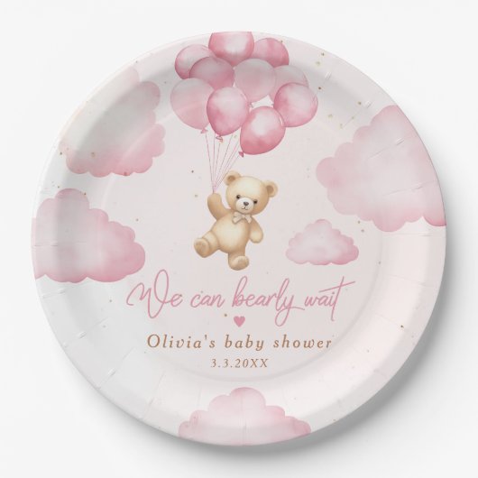 ピンクのテディベアの女の子シャワー私たちは心から待つことができる ペーパープレート (正面)