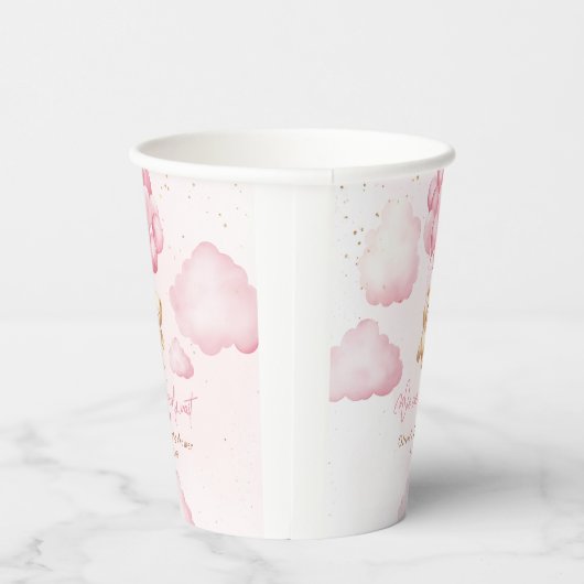 ピンクのテディベアの女の子シャワー私たちは心から待つことができる 紙コップ (右)