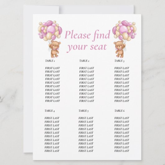 ピンクのテディベアの誕生日ガール 招待状 (正面)