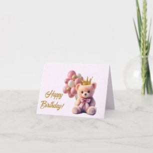 ピンクのテディベアの金の王冠 お誕生日おめでとう サンキューカード