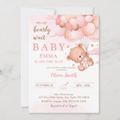 ピンクのテディベアの風船 女の子のベビーシャワー 招待状 (正面)