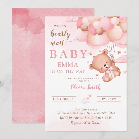 ピンクのテディベアの風船 女の子のベビーシャワー 招待状 (正面/裏面)