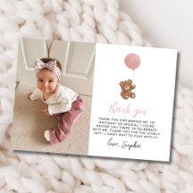 ピンクのテディベアの1歳の誕生日記念のフォトサンクスギフト