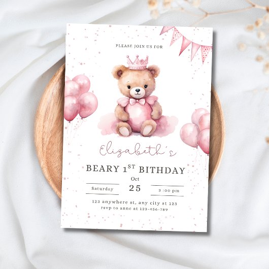 ピンクのテディベアの1歳の誕生日 女の子 招待状