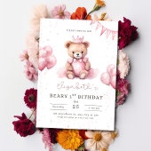 ピンクのテディベアの1歳の誕生日 女の子 招待状