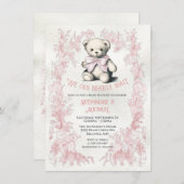 ピンクのテディベアトイルウォーター色のベビーシャワー 招待状 (正面/裏面)