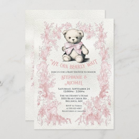 ピンクのテディベアトイルウォーター色のベビーシャワー 招待状 (正面/裏面)