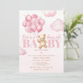 ピンクのテディベアバルーンの途中で可愛らしいベビー 招待状 (スタンド正面)