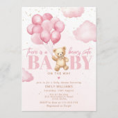ピンクのテディベアバルーンの途中で可愛らしいベビー 招待状 (正面)