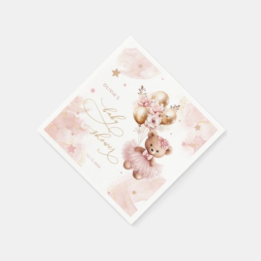 ピンクのテディベアバルーンビー待ちベイビーシャワー スタンダードカクテルナプキン (角)