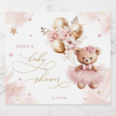 ピンクのテディベアバルーンビー待ちベイビーシャワー スパークリングワインラベル (シングルラベル)