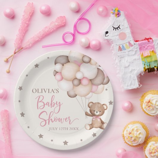 ピンクのテディベアバルーンビー待ちベイビーシャワー ペーパープレート (パーティー)