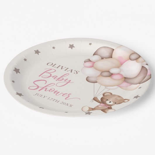 ピンクのテディベアバルーンビー待ちベイビーシャワー ペーパープレート (アングル)