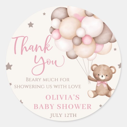 ピンクのテディベアバルーンビー待ちベイビーシャワー ラウンドシール (正面)
