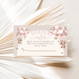 ピンクのテディベアバルーンベビーシャワーおむつラッフル エンクロージャーカード