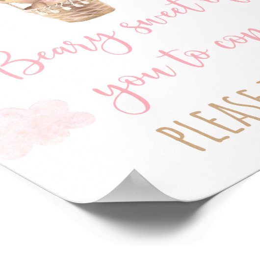 ピンクのテディベアバルーンベビーシャワーの好意のサイン ポスター (角)