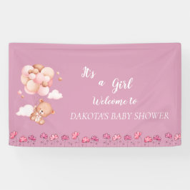 ピンクのテディベアバルーンベビーシャワー 横断幕