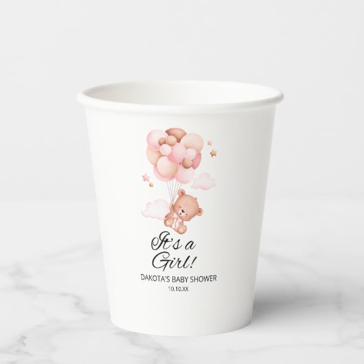ピンクのテディベアバルーンベビーシャワー 紙コップ (正面)