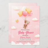 ピンクのテディベアバルーン女の子ベビーシャワー 招待状 (正面/裏面)